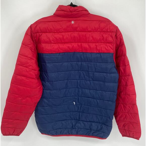 Swisstech Men 34-36 Blue Red Puffer Jacket Zip Packable Lightweight Coat FLAW - Picture 9 of 9